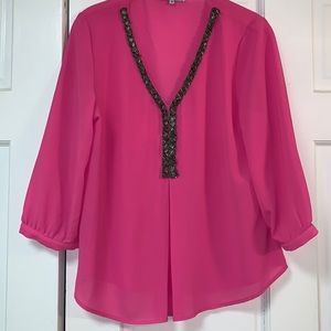 Sheer pink V-Neck beaded at the edge top